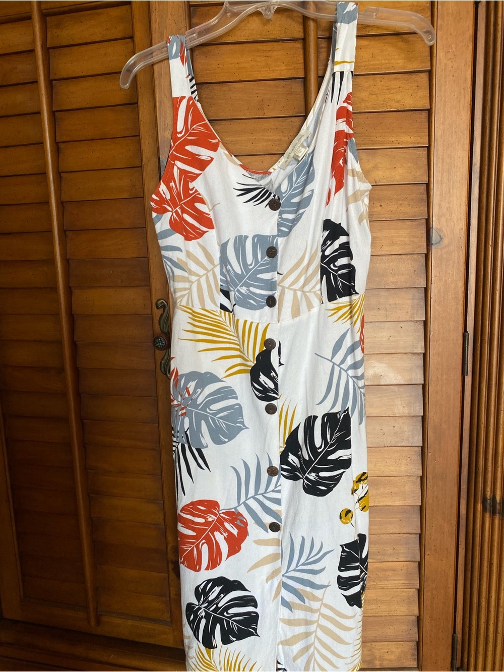 Monteau White Dress with Blue and Rust Leaf Print